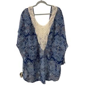 Cure Oversized Flowy  Boho Paisley Sheer Cover Up with Crocheted Upper Back